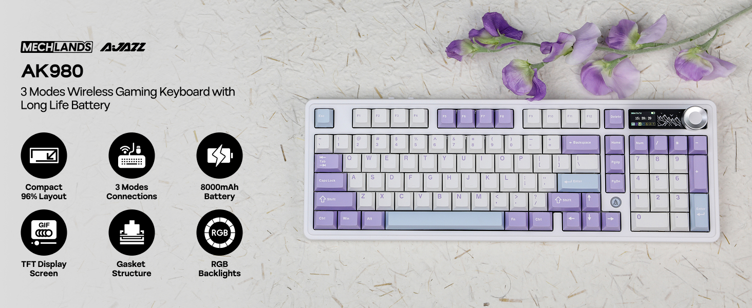 Text reads: 'AK989'. Gaming keyboard product image with purple decorative elements and feature icons showing RGB, multimedia, and macro capabilities.