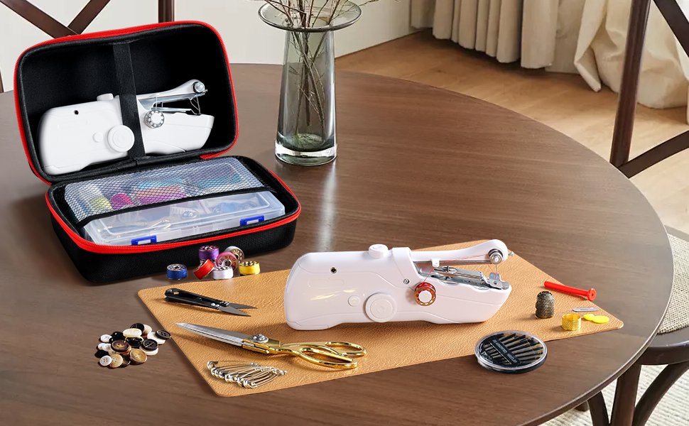 All accessories of the handheld sewing machine are displayed on the table