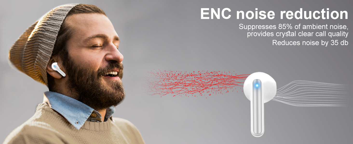 Text reads 'ENC noise reduction'. Product advertising showing wireless earbud with noise reduction technology feature highlighted with graphic elements.