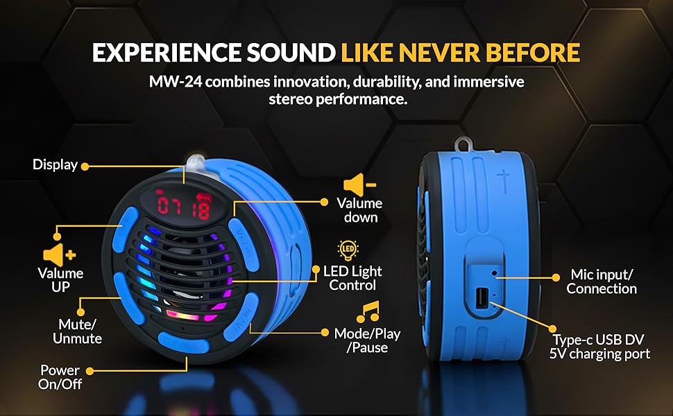 Bluetooth speaker with LED clock display, volume controls, mic input, and Type-C USB charging port