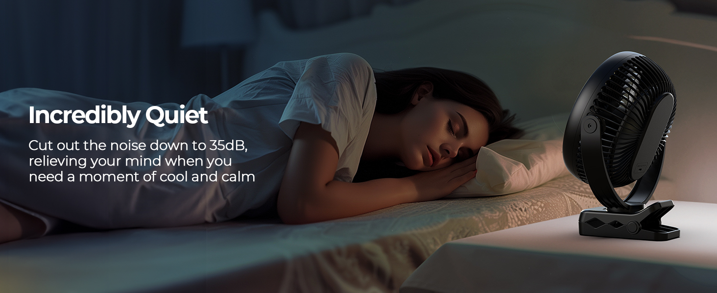 Oscillating fan in dark bedroom with sleeping person. Text overlay reads 'Incredibly Quiet' and describes noise reduction features.