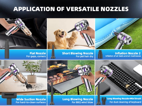 Application of different nozzles, Flat nozzle, Blowing Nozzle, BLowing Hose, etc.