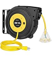 DEWENWILS 40FT Retractable Extension Cord Reel, Heavy Duty Power Cord Reel with 3-Lighted Triple ...