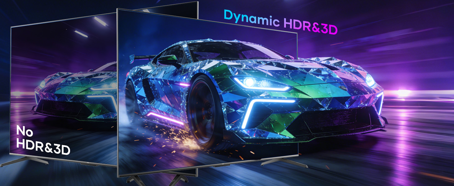 Text reads 'Dynamic HDR 5.0' and 'HDR+3D'. Artistic rendering of glowing blue car silhouette against dark background with electric effects.
