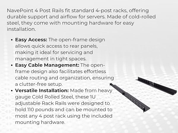 NavePoint 1U Adjustable Rack Mount Server Shelf Rails