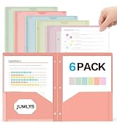 Jumlys 6 Pack 2 Pocket Folders with Clear Front Pocket and 3 Holes, Pastel Folders with Pockets f...