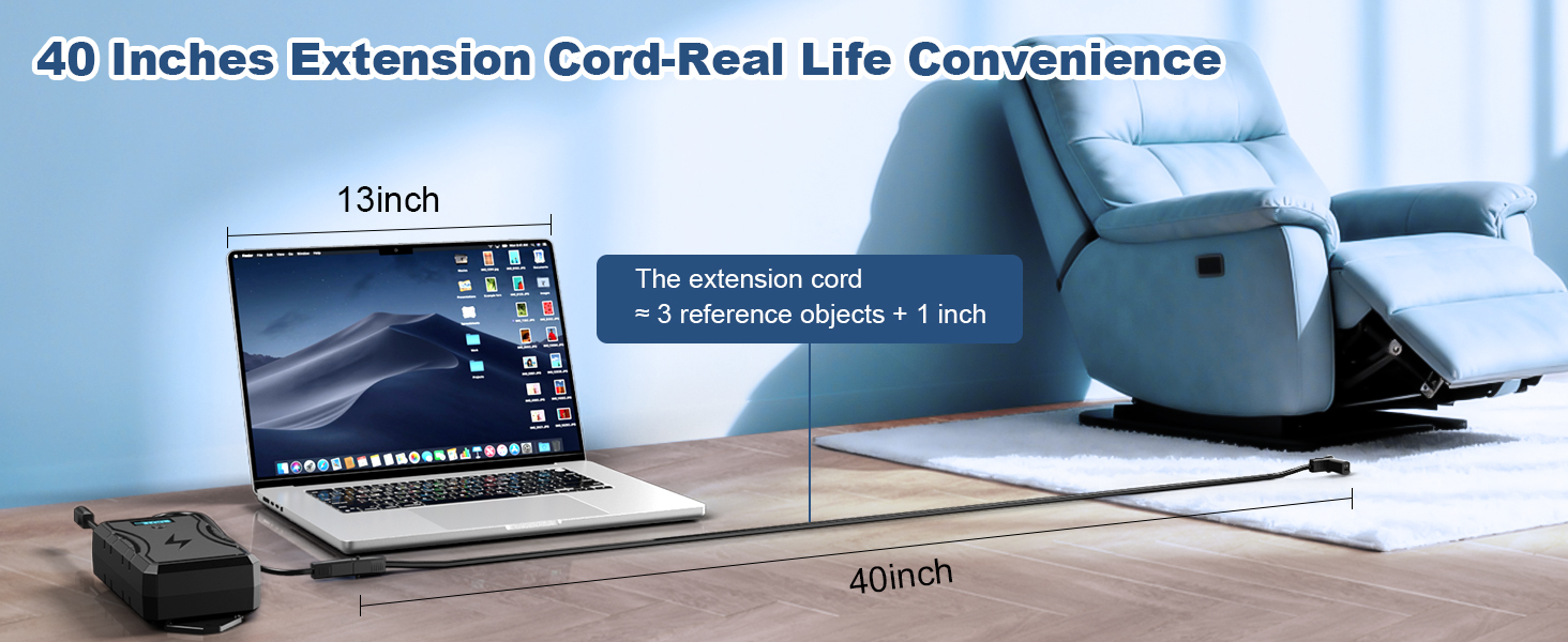 Text reads '40 Inches Extension Cord Real Life Convenience'. Shows an extended power cable setup with measurements indicated, connecting electronic devices on a desk.