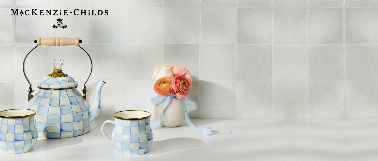Introducing Sky Check - a true breath of fresh air. Tea kettle and mugs in light blue sky check.