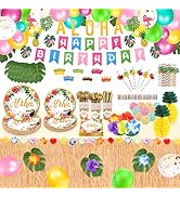 325PCS Aloha Birthday Party Decorations 24 Set of Disposable Tableware, Hawaiian Luau Party Decor...