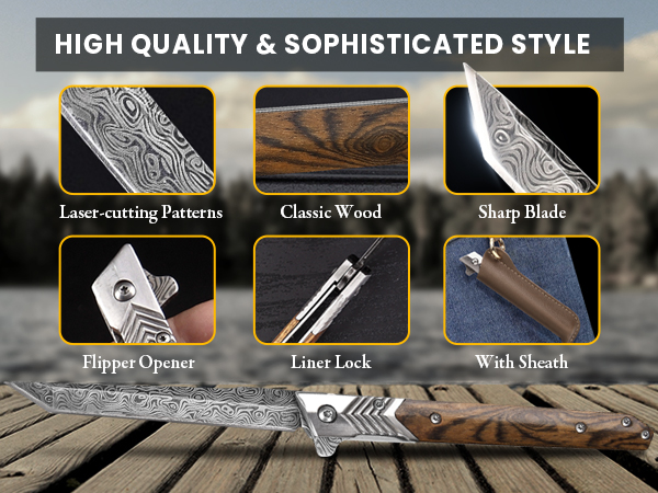 EDC Pocket Knife for Men, 3.7 inch Folding Knife with Tanto Blade and Liner Lock, Pocket Sheath