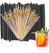 [300 Pcs] Cocktail Straws and Picks Kit - 5 Inch Black Disposable Plastic Straws and 4.7" Gold Co...