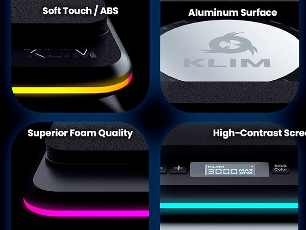Text reads 'Soft Touch/??', 'Aluminum Surface'. Multiple panels showing illuminated edges in yellow, pink, and green colors with high-contrast screen displays.