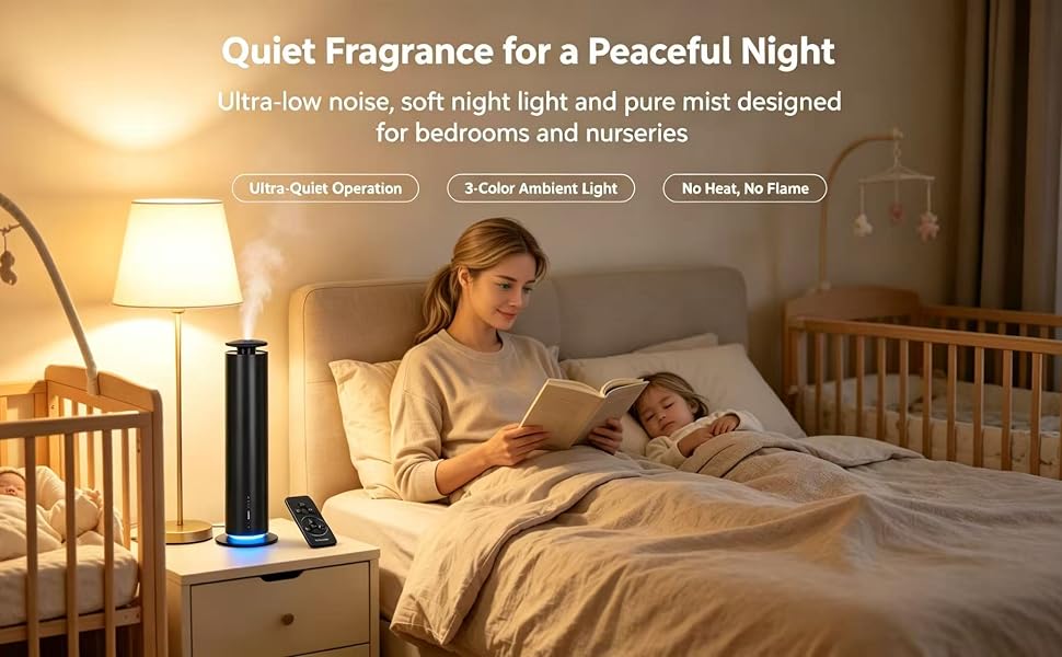 Text reads: 'Quiet Fragrance for a Peaceful Night' 'Ultra-low noise, soft night light and pure mist designed for bedroom and nurseries' 'ASAKUKI ESSENTIALS'. Woman in bed holding infant with humidifier on nightstand emitting mist.