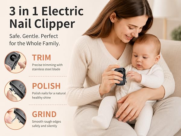 3 in 1 electric nail clipper. trim/polish/grind. perfect for the whole family
