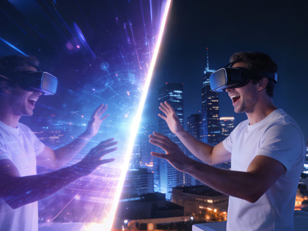 Two people wearing VR headsets interacting in a virtual environment with futuristic cityscape and glowing effects in background.