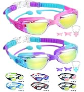 Vvinca Kids Swim Goggles, 2 Packs Swimming Goggles with Earplugs&amp; Nose Clip Anti Fog/UV Goggles f...