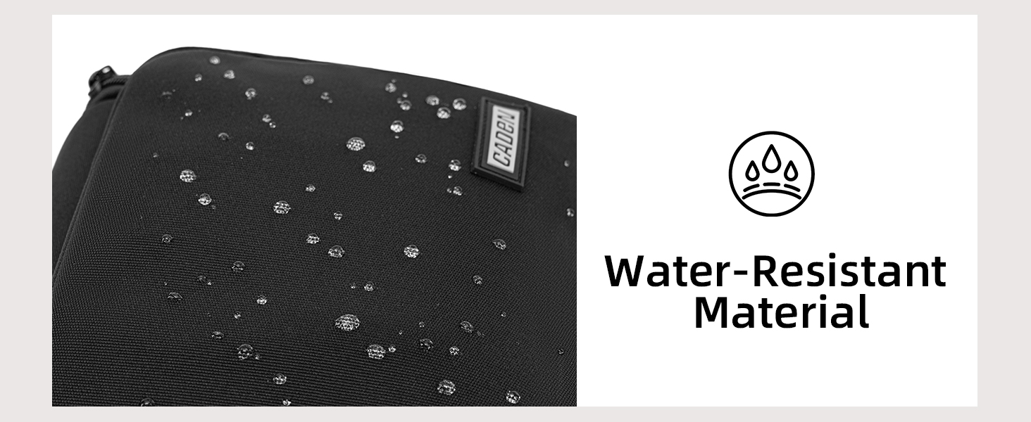 Text reads 'Water-Resistant Material'. Demonstration of water droplets beading on a textured black surface, with a paw print icon.