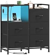 Somdot Black Nightstand with Charging Station and LED Light, Wide 5 Drawers Dresser for Bedroom w...
