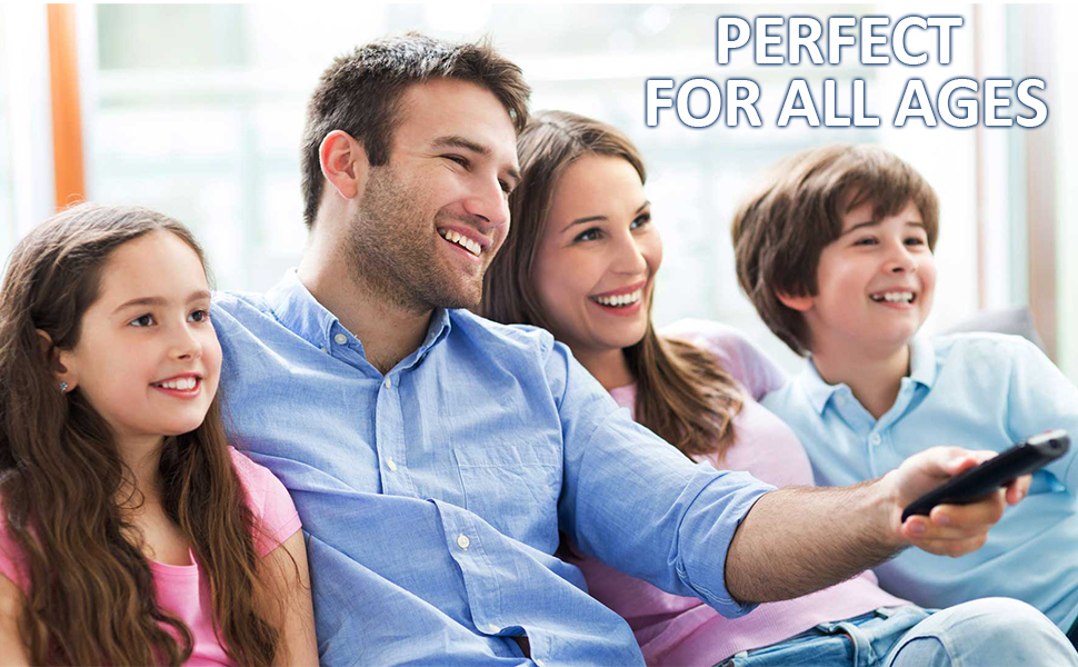 Text reads 'PERFECT FOR ALL AGES'. Group of people shown sitting on couch, engaged with entertainment content.