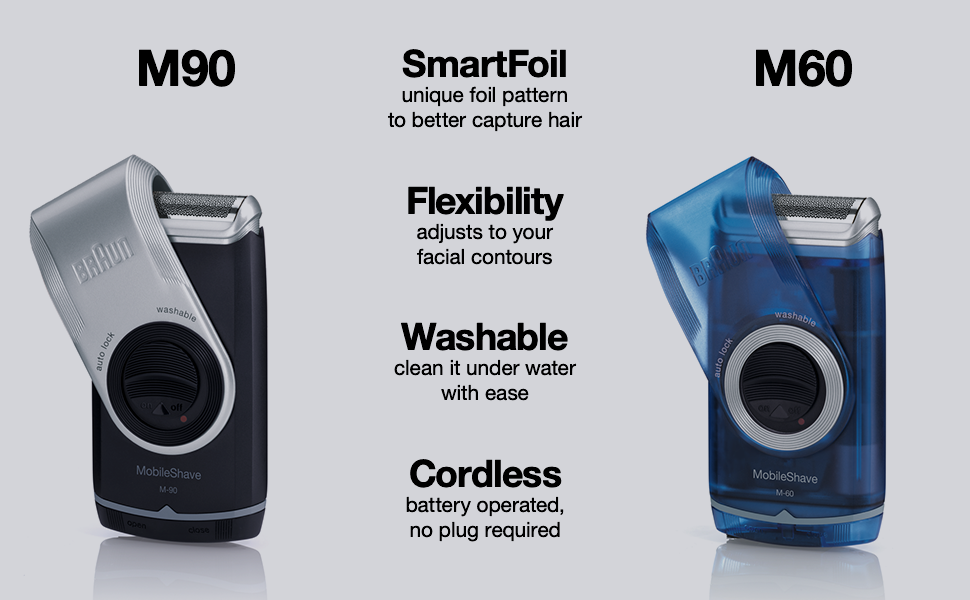 Braun M60 and M90 shavers are both washable, cordless, they adjust to your facial contours