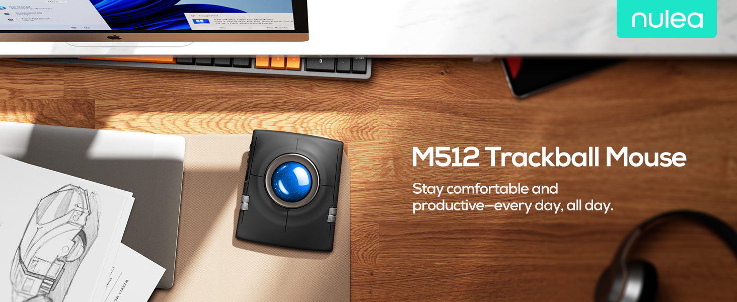 Nulea Wireless Trackball Mouse, Ergonomic 55mm Trackball, Adjustable DPI for Precise Control