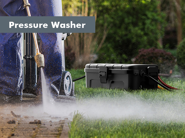 a blue portable pressure washer with a water hose.