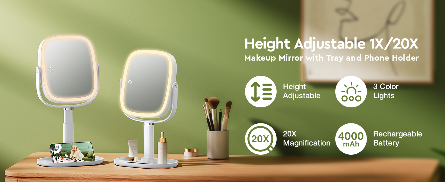 Height Adjustable 1X/20X Makeup Mirror with Tray and Phone Holder