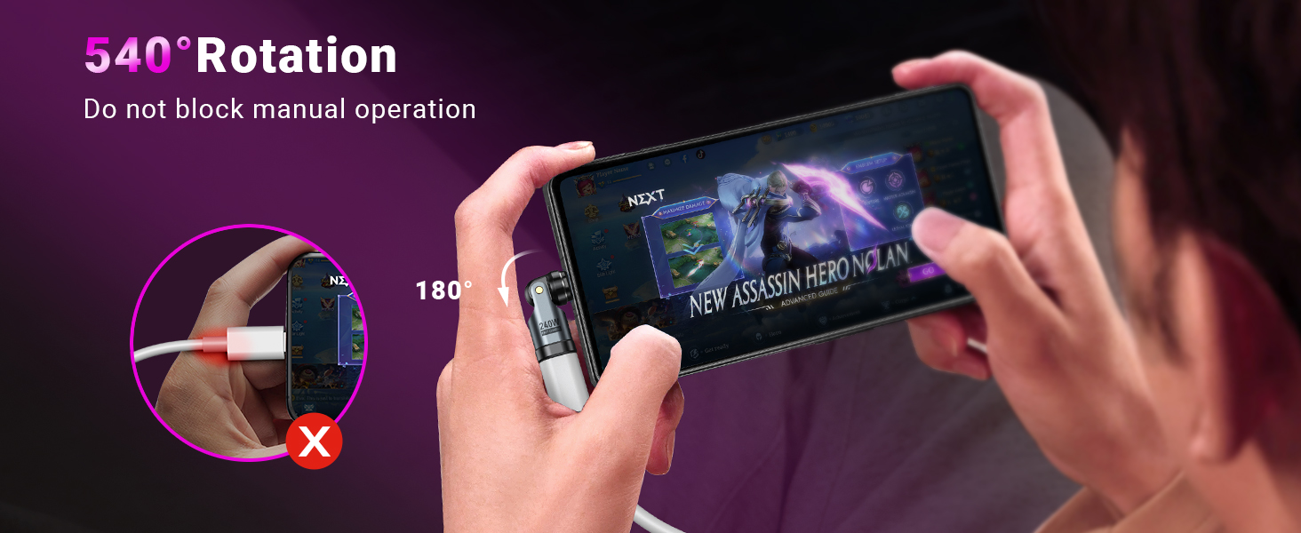 Smartphone or tablet screen showing 340° rotation feature. Hands visible interacting with device, purple background with text overlay.