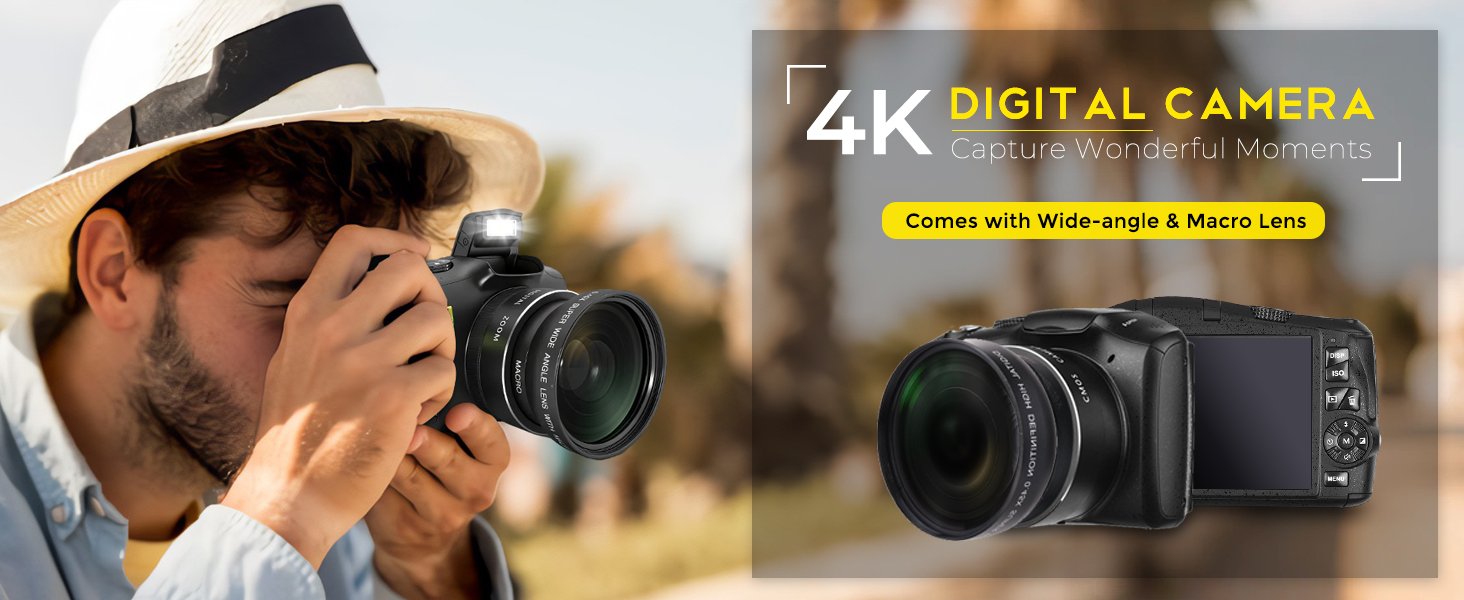 4K digital camera with wide anle and macro lens