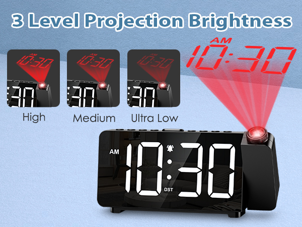 Projection Alarm Clocks for Bedrooms, Large LED Display Digital Clock with 180° Rotatable Projector
