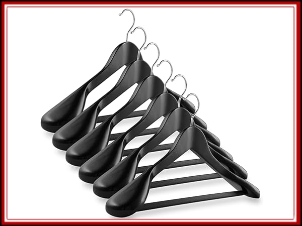 Casafield Wood Wide Shoulder Hangers, Set of 6 Suit Hangers in Black Finish, Hang Jackets, Coats