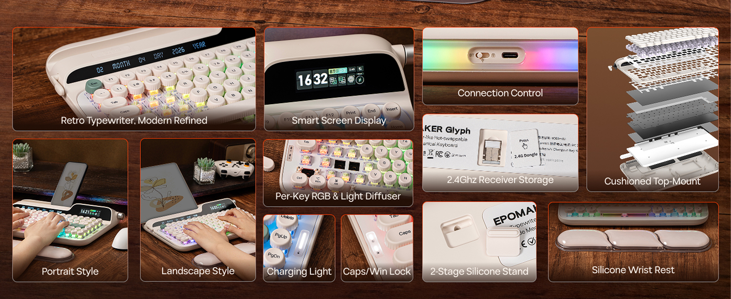 Multiple sequential images showing an electronic device or keyboard with LED display and controls. Appears to be a product demonstration sequence showing various functions and features.