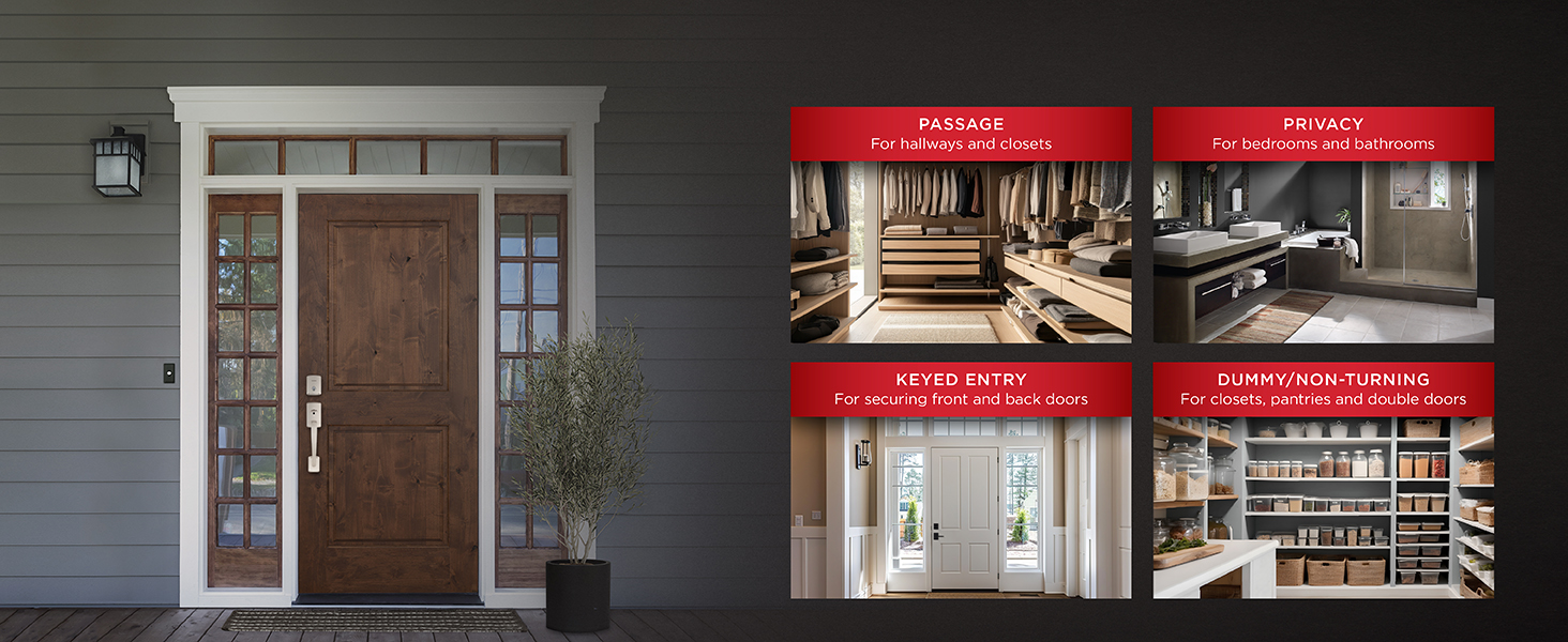 Kwikset offers products in passage, privacy, keyed entry, and dummy/non-turning styles.