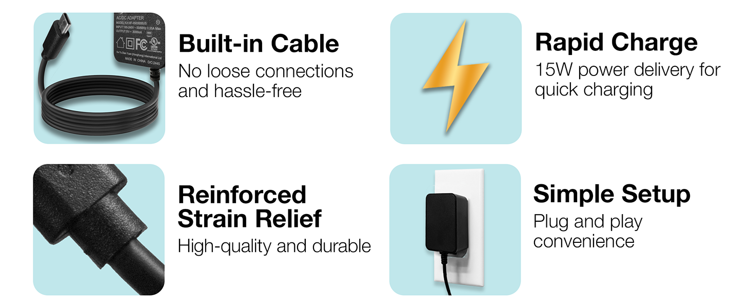 Features Built-in cable, Reinforced Strain Relief, Rapid Charge 15W, Simple Setup
