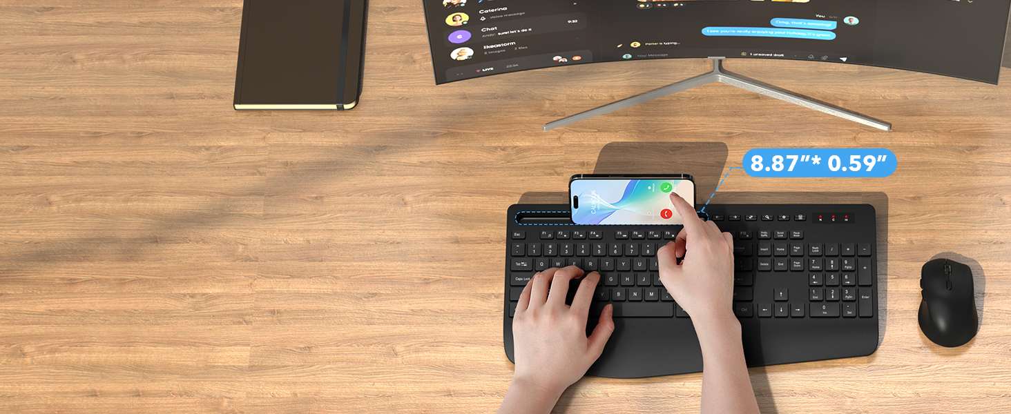 wireless keyboard and mouse with phone holder