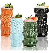 Peohud 4 Pack Ceramic Tiki Mugs, Hawaiian Party Mugs, 20/18/16 Oz Exotic Cocktail Glasses, Tiki D...