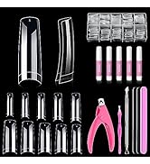 MORGLES Clear Acrylic Nail Tips, 500 Pcs French Nail Tips Square Half Cover with Glue, Clipper, F...