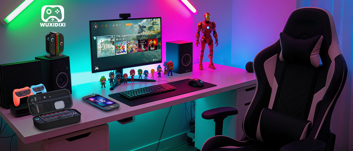 Gaming setup environment with RGB lighting effects, showing multiple monitors, gaming peripherals, and silhouetted figures against colorful background lighting.