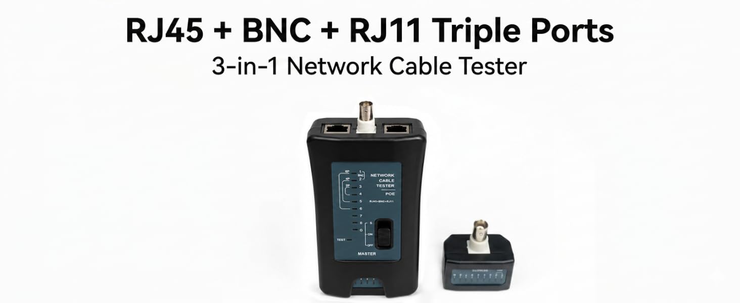 3-in-1 RJ45 BNC RJ11 cable tester,POE protected,master-slave set for network wiring fault test.