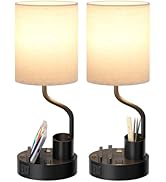 Bedside Table Lamps for Bedroom Set of 2 - Nightstand Light with AC Outlet and USB A &amp; C for Char...