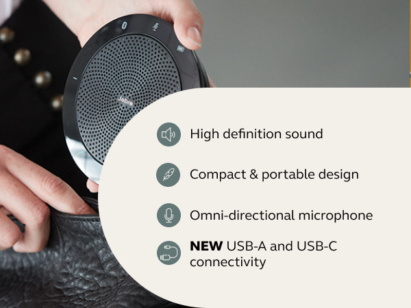 Portable meetings, USB-A connectivity, USB-C connectivity, clearer conversations.