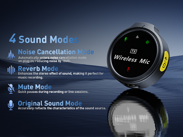 Wireless microphone with four sound modes for different recording needs.
