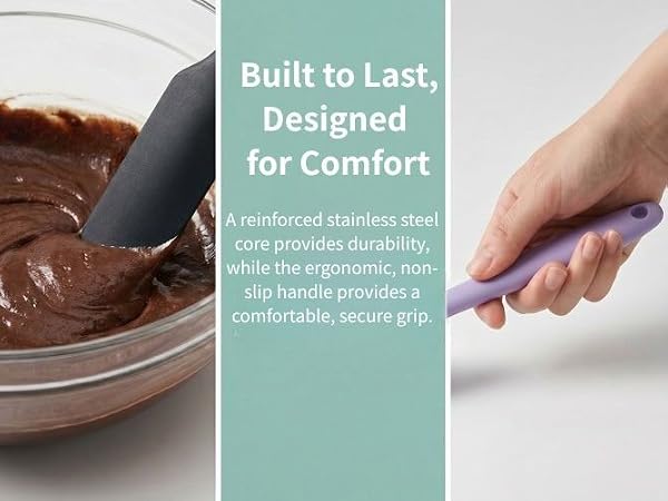 hand holding silicone spreader,ergonomic non-slip comfortable grip, baking kitchen silicone tool