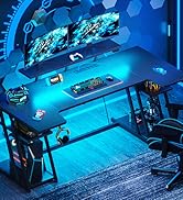 MOTPK Gaming Desk with LED Lights, 60 Inch U Shaped Desk with Power Outlet, Gaming Computer Desk ...