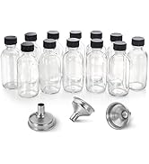 12 Pack, 2 oz Small Clear Glass Bottles with Lids &amp; 3 Stainless Steel Funnels - 60ml Boston Round...