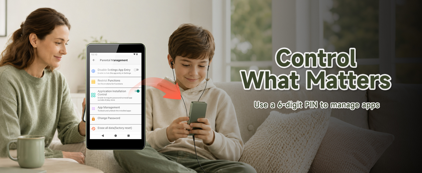 Parent and child using a sage green G4 with app controls protected by a 6-digit PIN.
