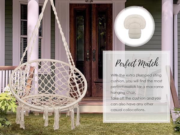 white macrame hanging chair