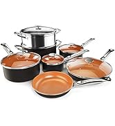 COSTWAY 12-Piece Copper Non-Stick Cookware Set, Pots and Pans Set, Fry Pan, Casserole Pot, Stock ...