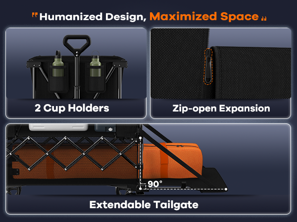 Zip-open Expansion, Extendable Tailgate and 2-cup brackets provide ample storage space