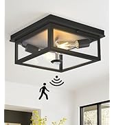 Motion Sensor Outdoor Ceiling Light with Remote, 12.2 Inch Black Flush Mount Porch Light Fixture ...